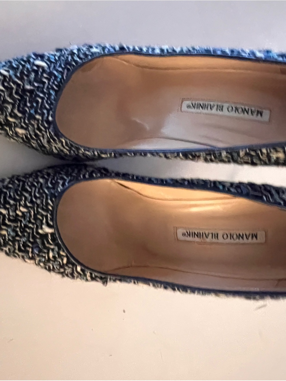 Manolo Blahnik Navy and White Tweed Pointed-Toe heels